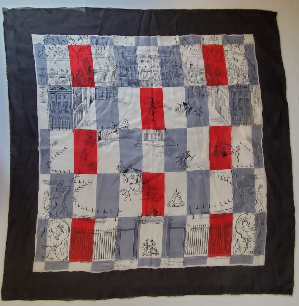 Vintage Silk Scarf French Paris Novelty Scene Red White Blue Square Wrap 31x31